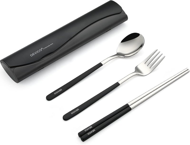 DEVICO Portable Travel Utensils with Case, Reusable Camping Silverware for Lunch, 18/8 Stainless Steel Cutlery Set (Black) - Image 1